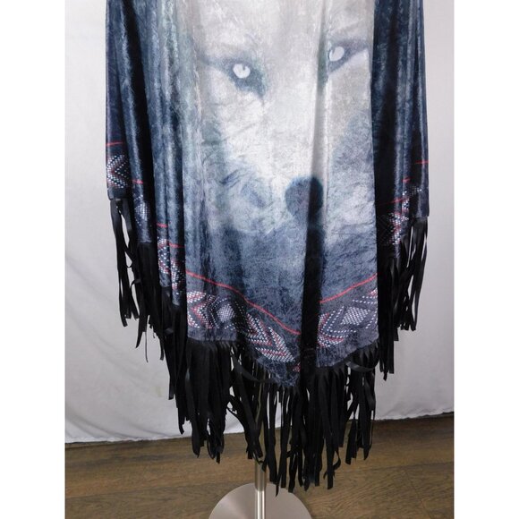 Wolf Graphic Poncho Womens One Size Black Gray Fringe Velvet Boho Aztec Ruana - Picture 2 of 12